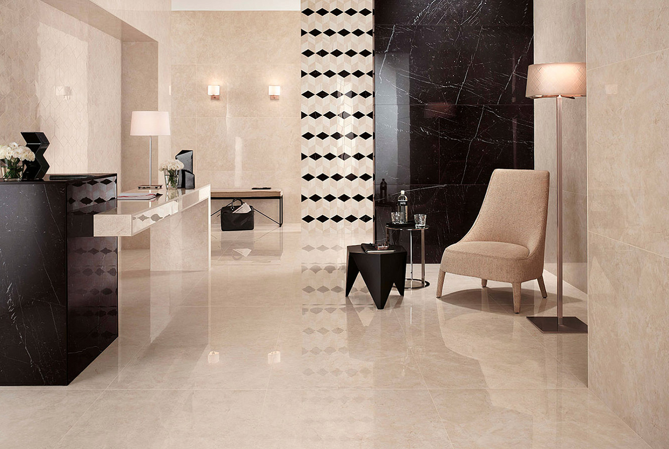 Керамогранит Marvel Cream Prestige Lappato 75x150, Marvel Nero Marquina Lappato 75x150, Мозаика Marvel Mosaico Esagono Geo Warm Lappato 24,5x35,2